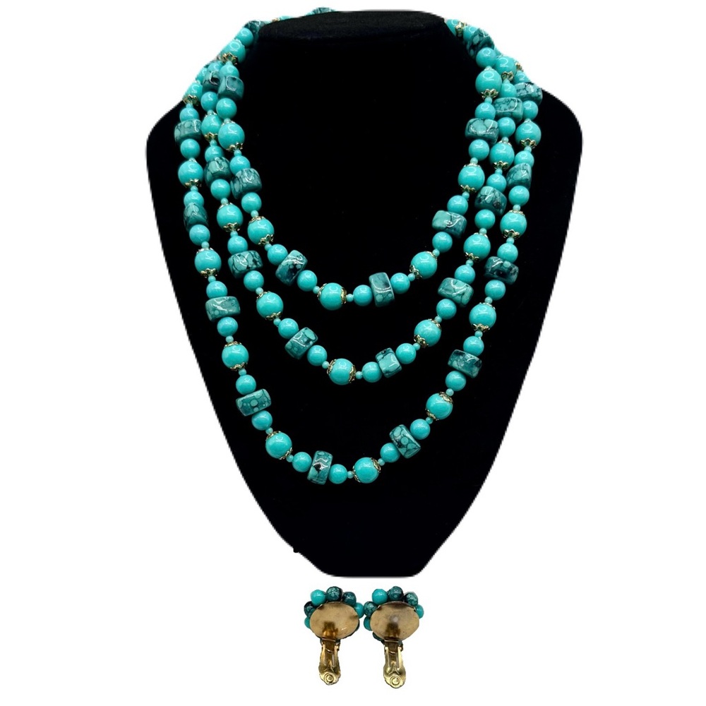 Elegant 53” Turquoise Beaded Necklace and Earring Set w Gold Accents, Vintage - Picture 2 of 5